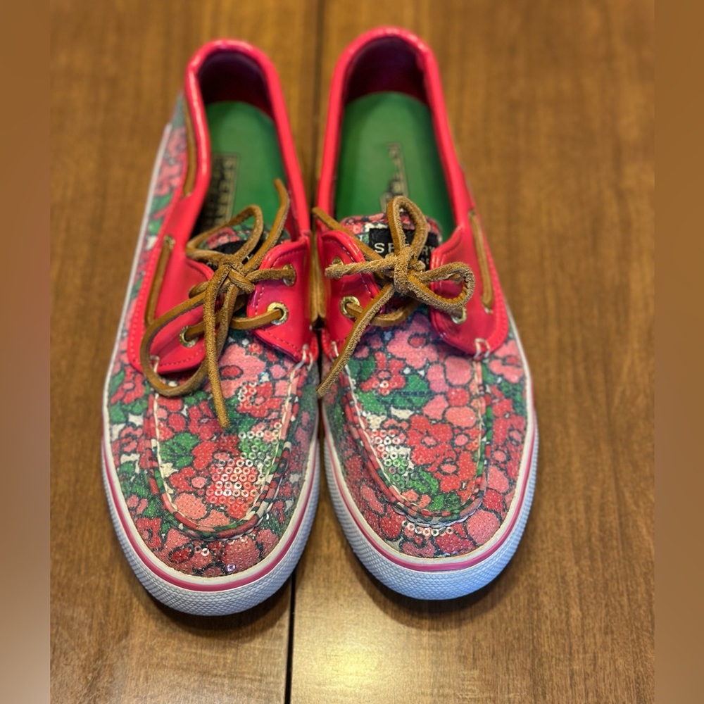 Sperry Women’s Size 6.5 M Bahama Berry Pink Floral Canvas Sequined Top Siders
